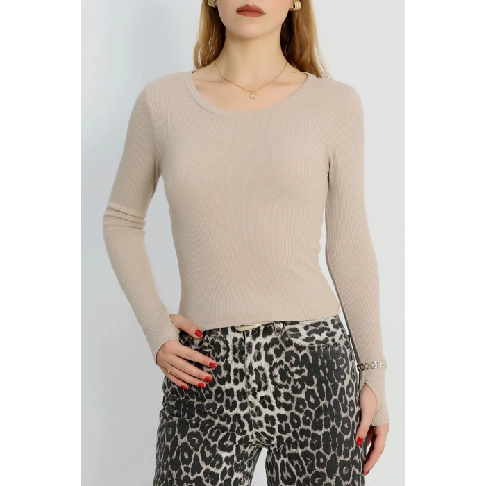 petite ateiler Bisiklet Yaka Parmak Geçmeli Kaşkorse bluz bej a3829