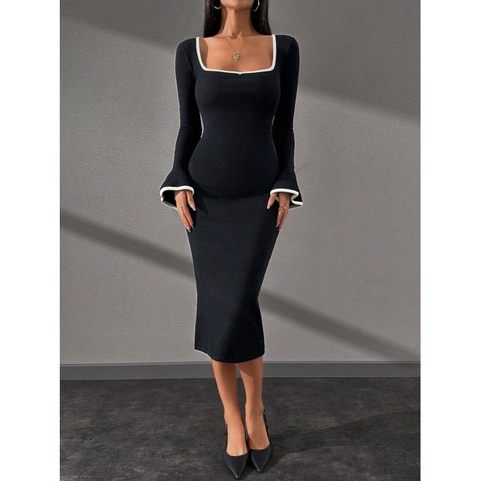 petite ateiler Biyeli midi boy elbise siyah A3718