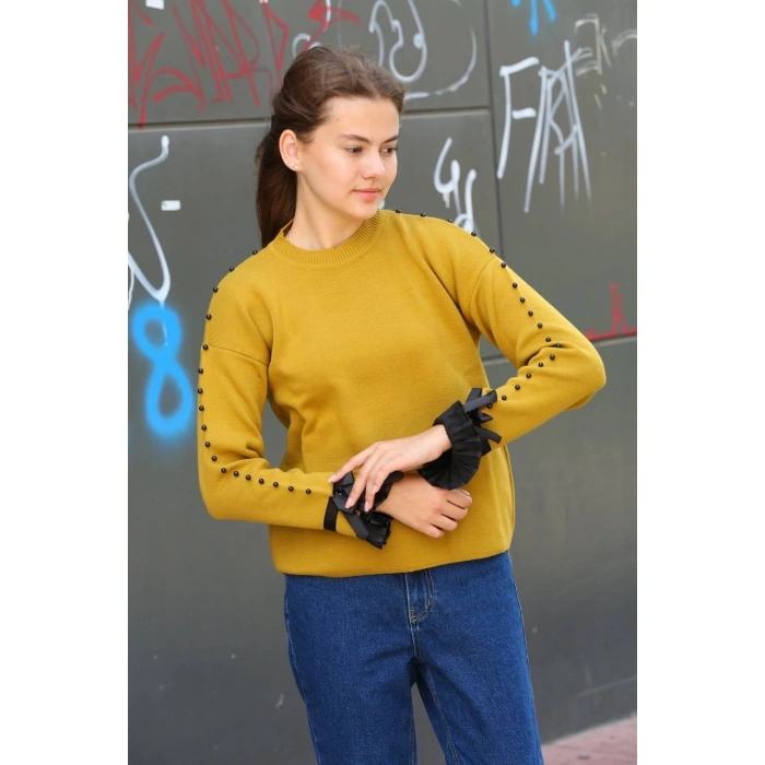 petite ateiler Boncuklu bile detaylı kazak hardal