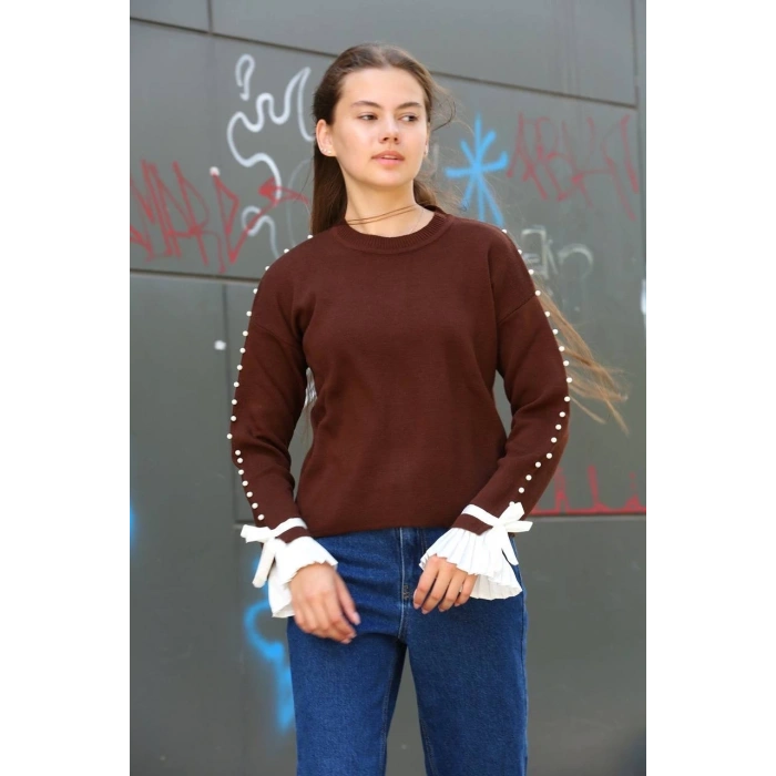 petite ateiler Boncuklu bile detaylı kazak kahve