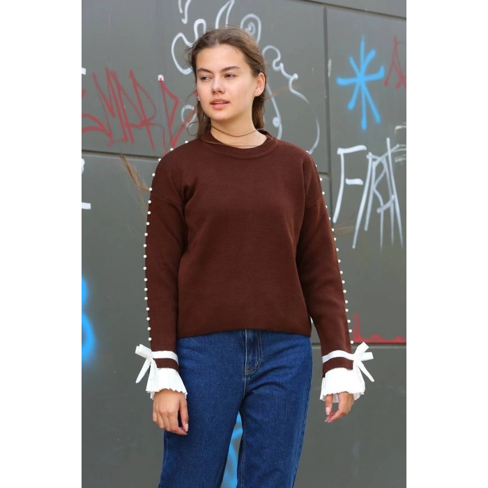 petite ateiler Boncuklu bile detaylı kazak kahve