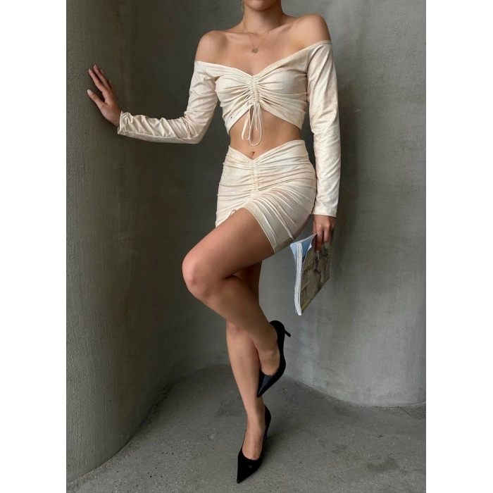 petite ateiler Büzgülü etek bluz takım bej s24709