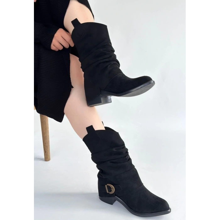 petite ateiler Canty Siyah Süet Körüklü Topuklu Çizme