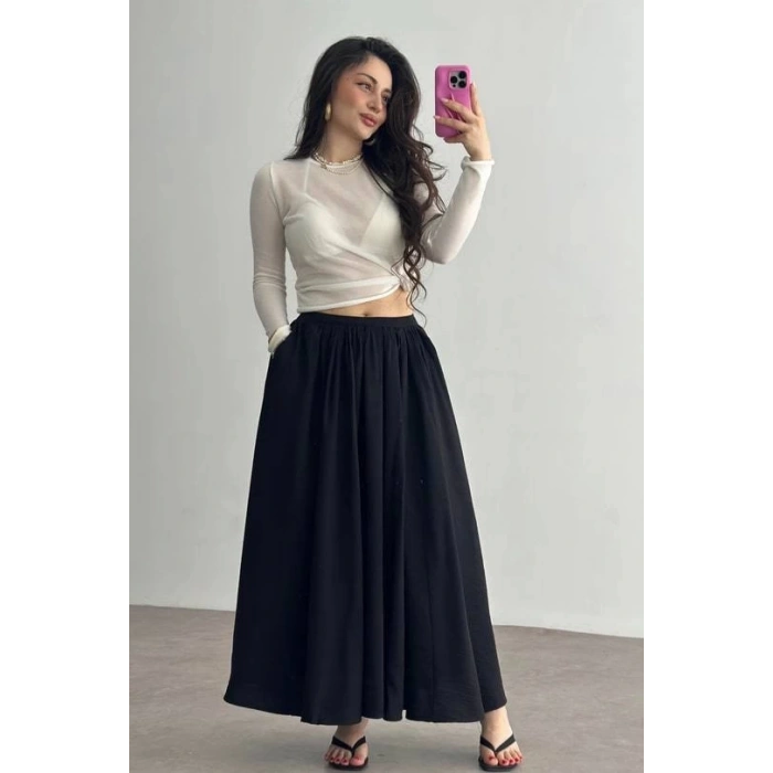 petite ateiler Cepli keten etek siyah kz24