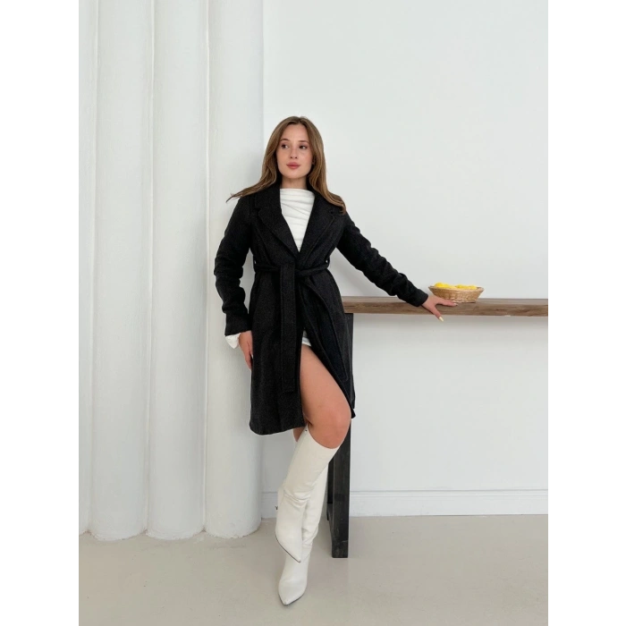 petite ateiler Cepli kuşaklı kaşe kaban antrasit st26458