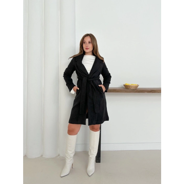 petite ateiler Cepli kuşaklı kaşe kaban antrasit st26458