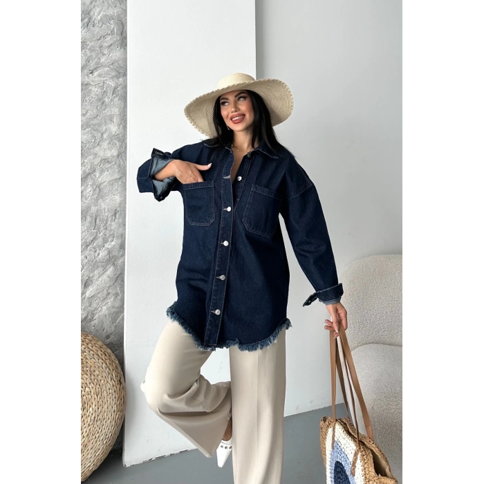 petite ateiler Cepli püsküllü kar yıkama kot ceket koyu mavi d2515