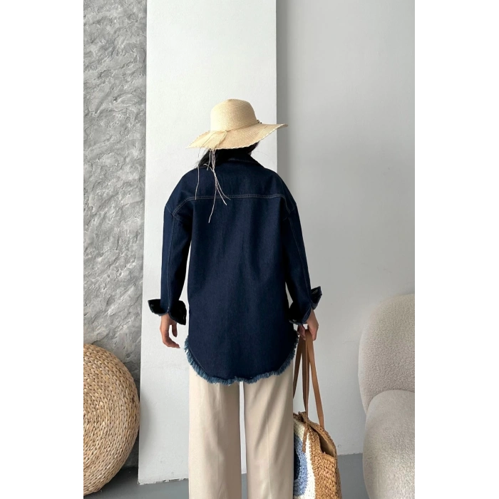 petite ateiler Cepli püsküllü kar yıkama kot ceket koyu mavi d2515