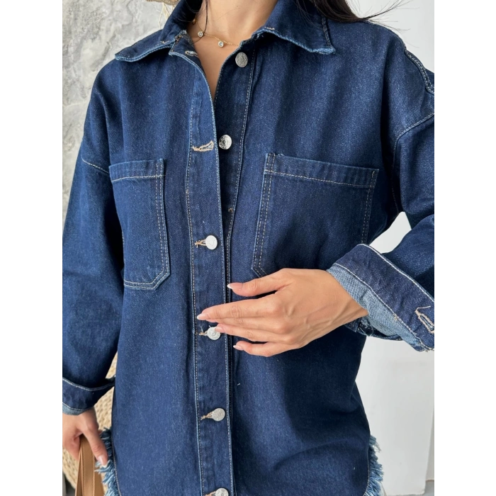 petite ateiler Cepli püsküllü kar yıkama kot ceket koyu mavi d2515