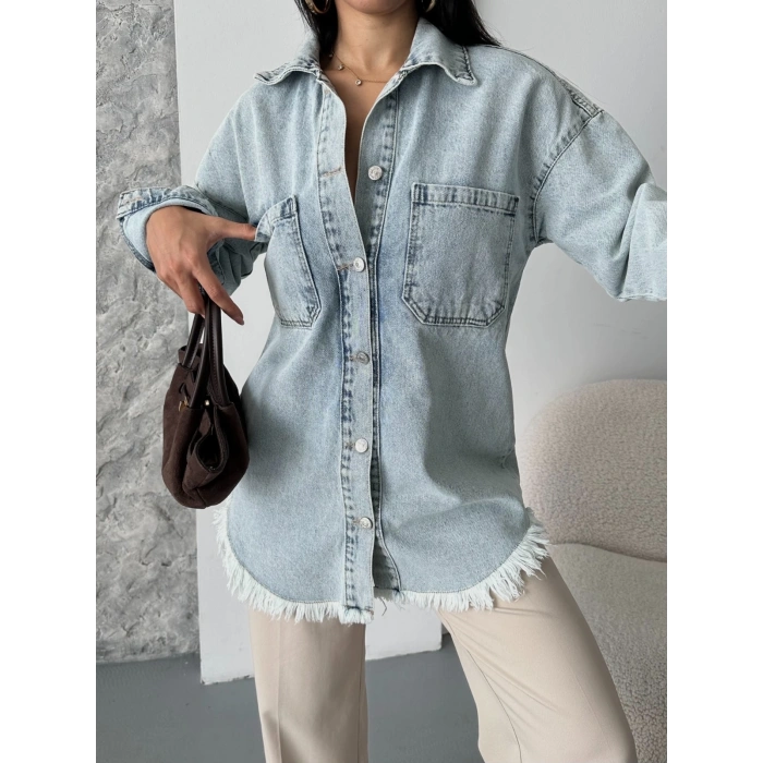 petite ateiler Cepli püsküllü kar yıkama kot ceket mavi d2515