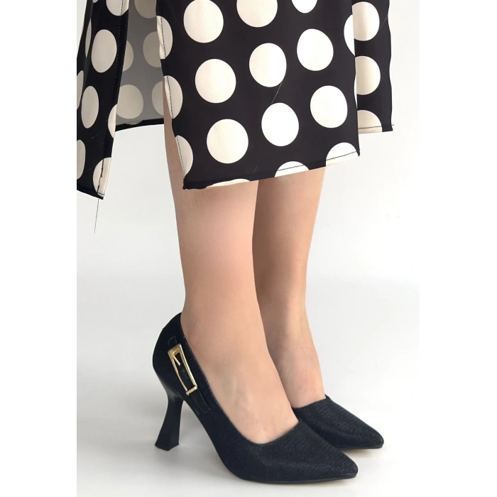 petite ateiler Cerin Siyah Saten Simli Topuklu Ayakkabı