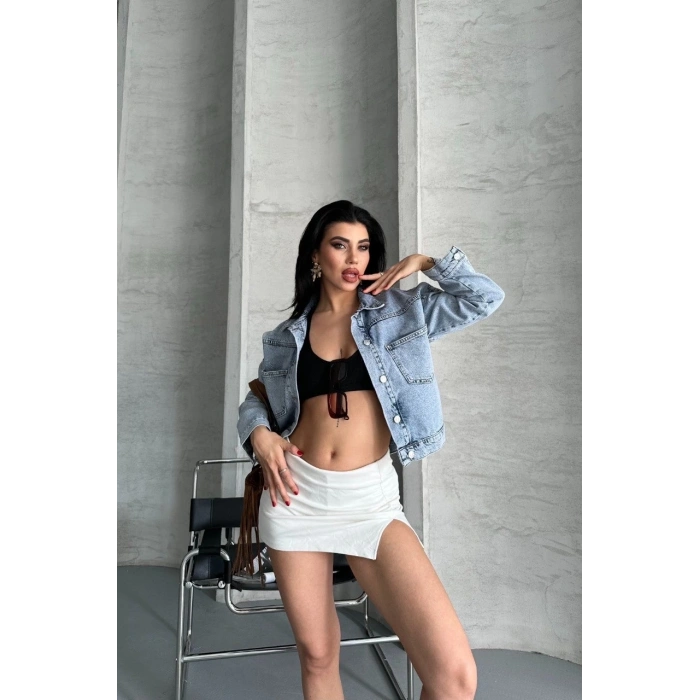 petite ateiler Çift cepli kol katlamalı kar yıkama crop kot ceket buz mavi d2000