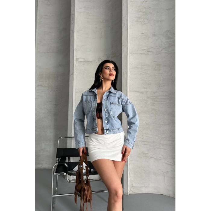 petite ateiler Çift cepli kol katlamalı kar yıkama crop kot ceket buz mavi d2000