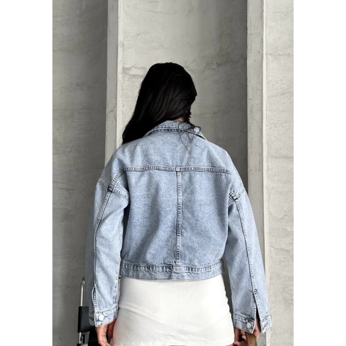 petite ateiler Çift cepli kol katlamalı kar yıkama crop kot ceket buz mavi d2000
