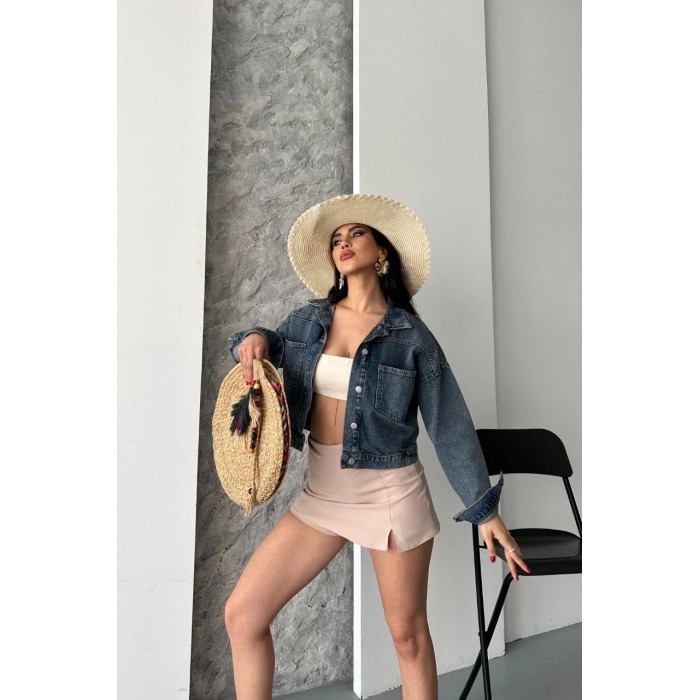 petite ateiler Çift cepli kol katlamalı kar yıkama crop kot ceket kahve tint d2000