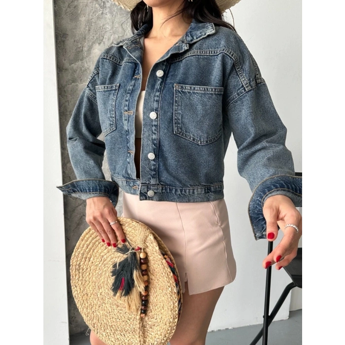 petite ateiler Çift cepli kol katlamalı kar yıkama crop kot ceket kahve tint d2000
