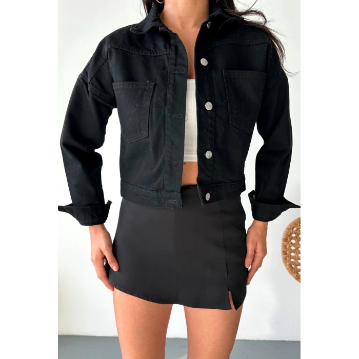 petite ateiler Çift cepli kol katlamalı süper taş enzim yıkamalı crop kot ceket siyah d2000