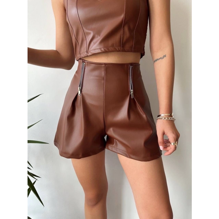 petite ateiler Çift fermuarlı deri şort kahve h24394