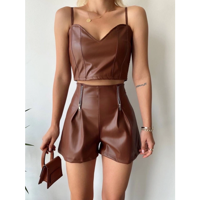 petite ateiler Çift fermuarlı deri şort kahve h24394