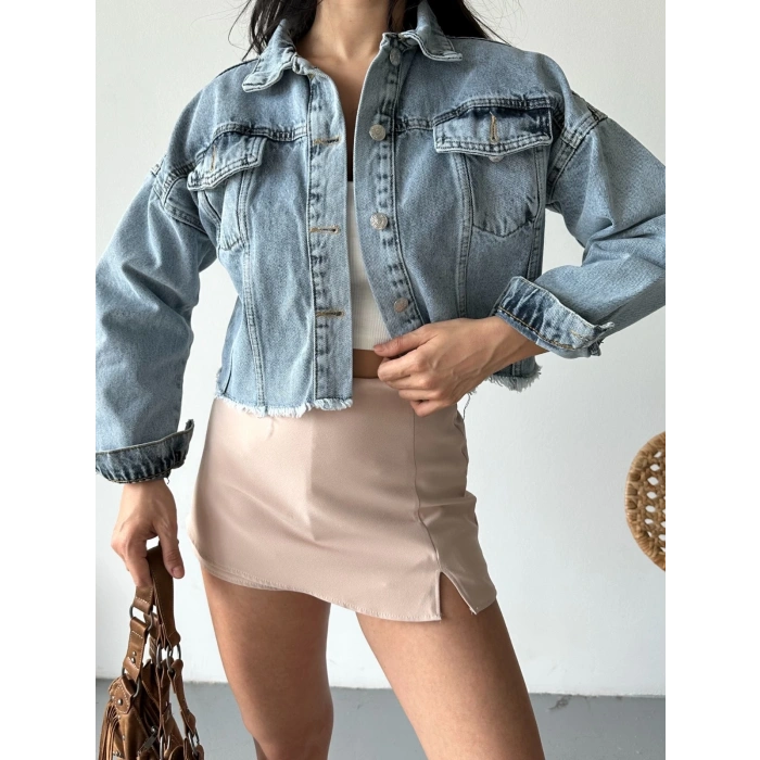 petite ateiler Çift kapaklı püsküllü crop buz mavi d2002