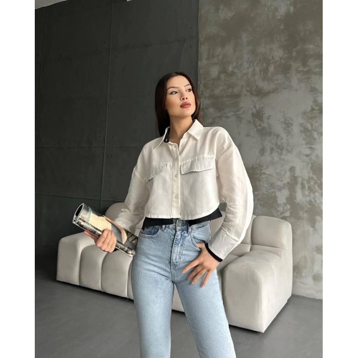 petite ateiler Çift renkli kısa gömlek krem s4021