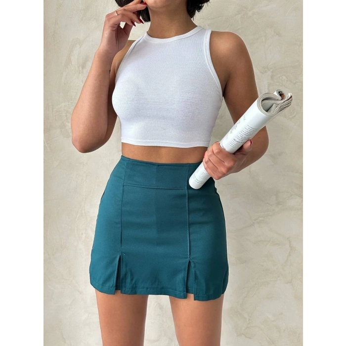 petite ateiler Çift yırtmaçlı atlas şort etek petrol yeşili s240364