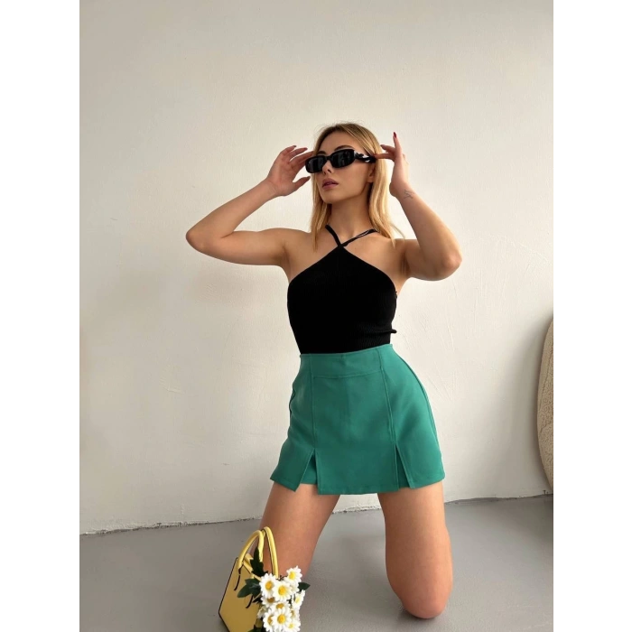 petite ateiler Çift yırtmaçlı atlas şort etek yeşil s240364