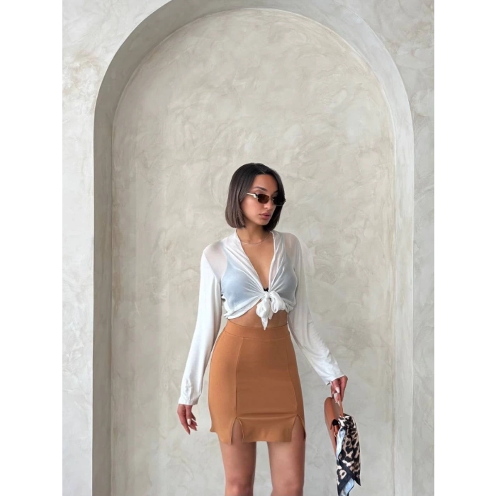 petite ateiler Çift yırtmaçlı etek camel s25910