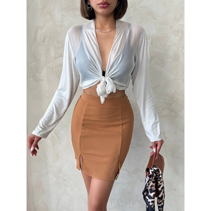 petite ateiler Çift yırtmaçlı etek camel s25910