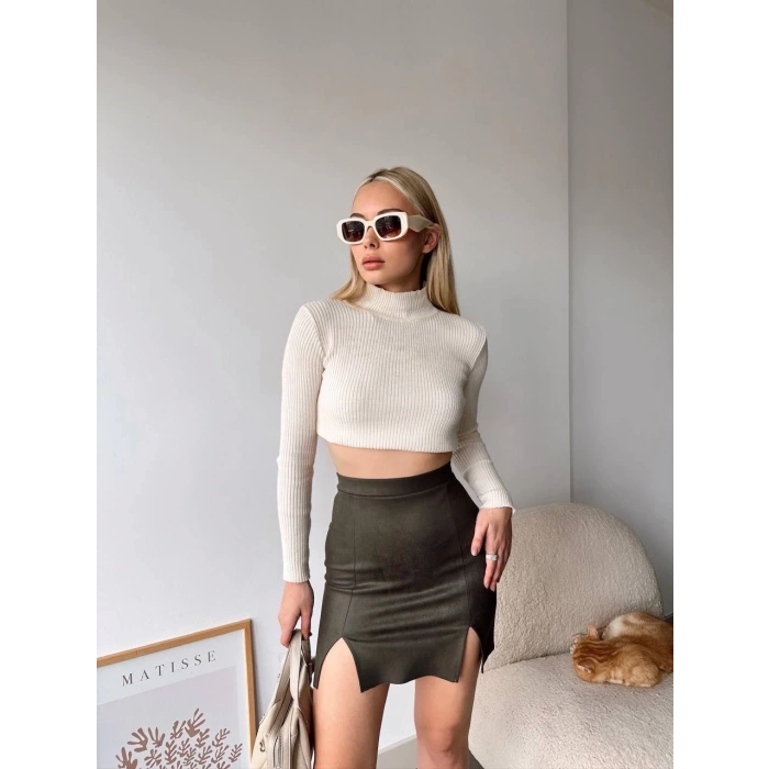 petite ateiler Çift yurtmaçlı süet etek haki s241002