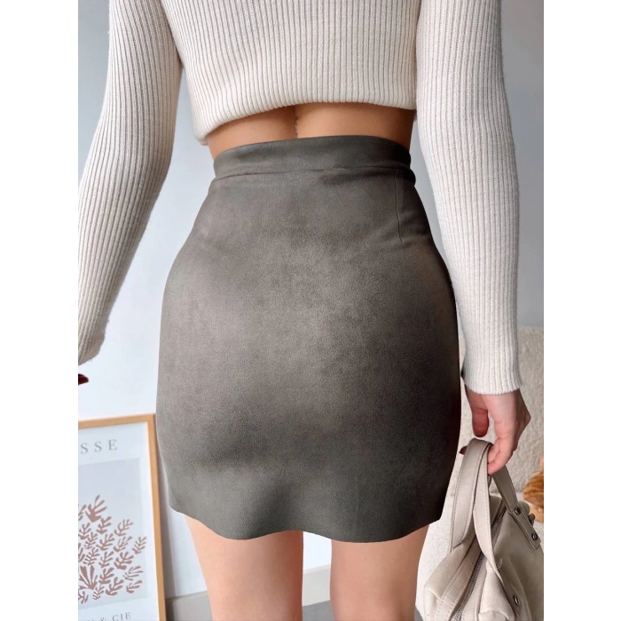 petite ateiler Çift yurtmaçlı süet etek haki s241002