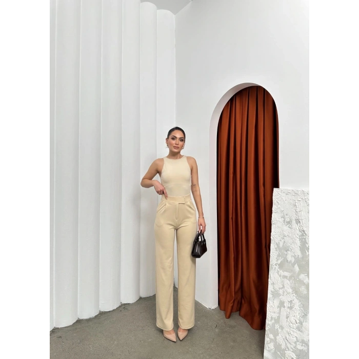 petite ateiler Cırtlı pantolon krep bej pt
