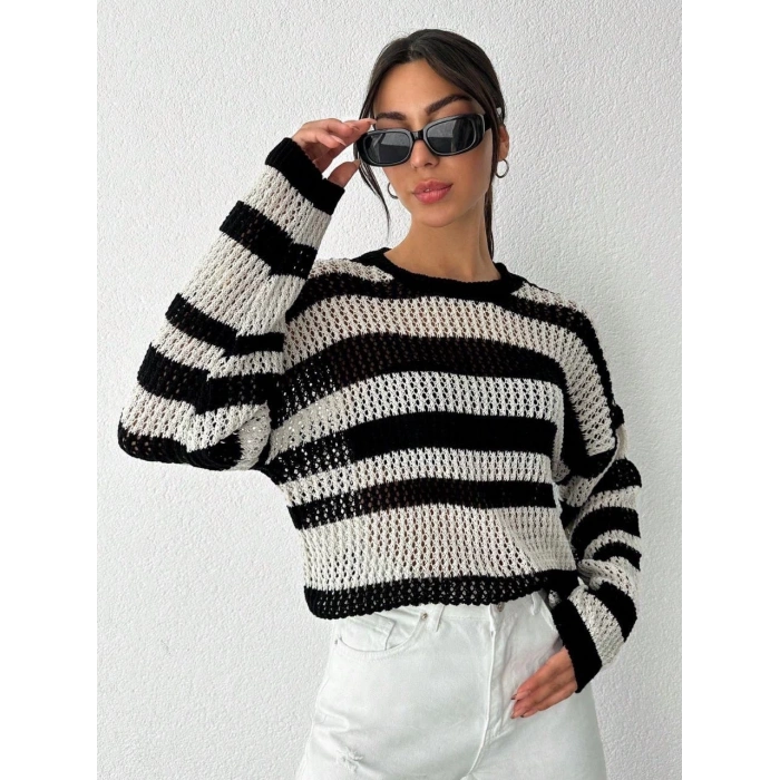 petite ateiler Çizgili bisiklet yaka triko kazak beyazsiyah