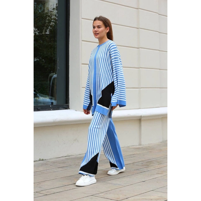 petite ateiler Çizgili bisiklet yaka triko takım Mavi