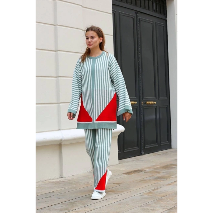 petite ateiler Çizgili bisiklet yaka triko takım Mint