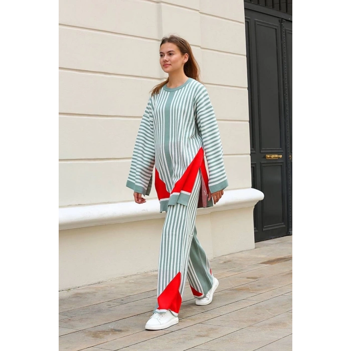 petite ateiler Çizgili bisiklet yaka triko takım Mint