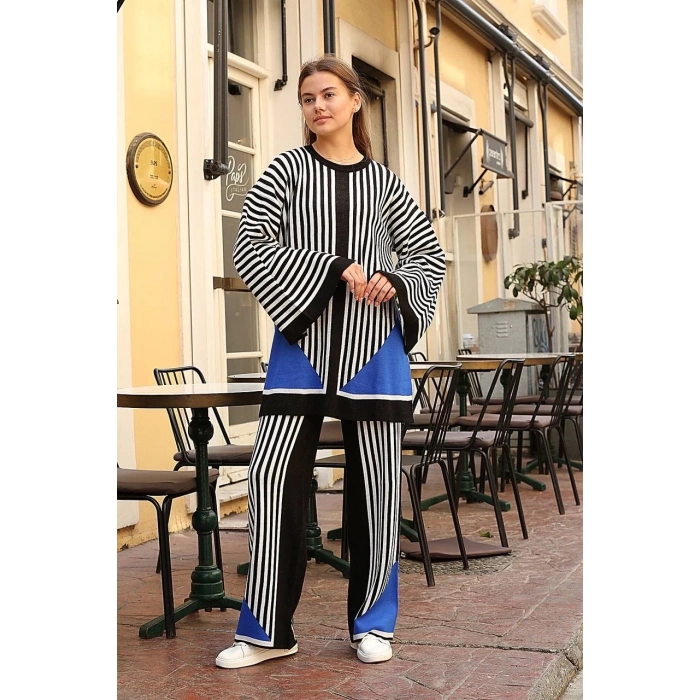 petite ateiler Çizgili bisiklet yaka triko takım siyah