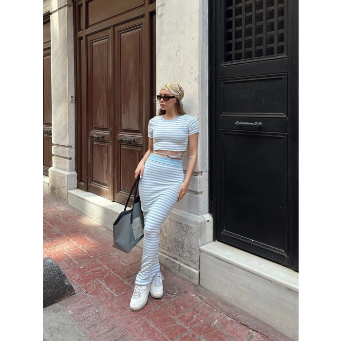 petite ateiler Çizgili etekli takım mavi s3609