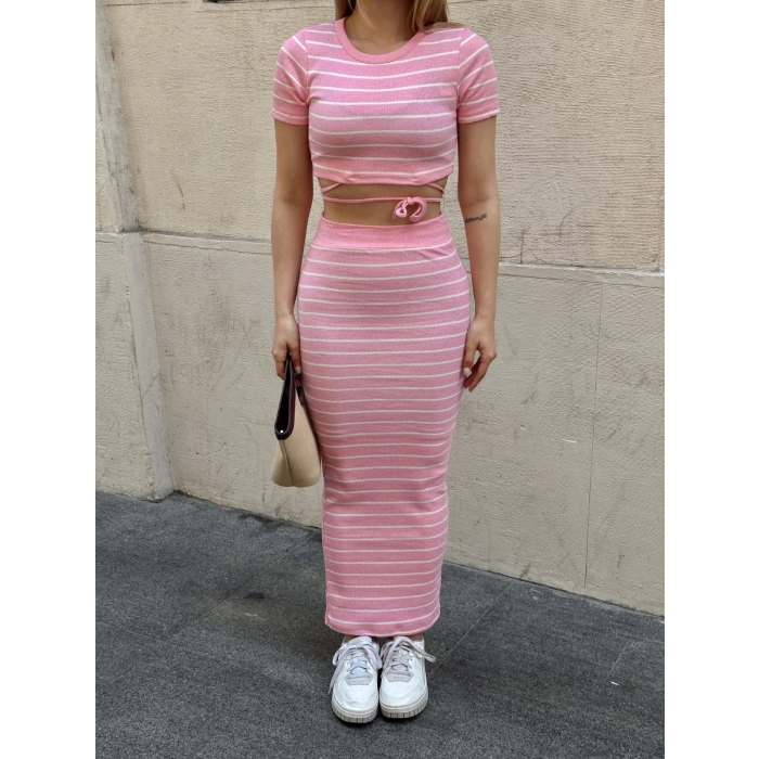 petite ateiler Çizgili etekli takım pembe s3609