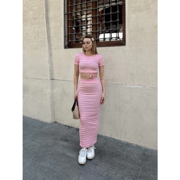 petite ateiler Çizgili etekli takım pembe s3609