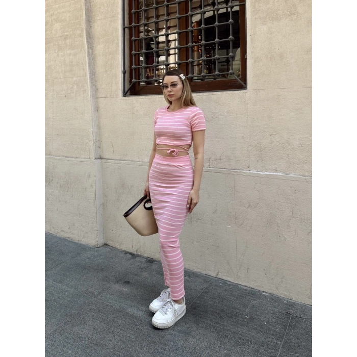 petite ateiler Çizgili etekli takım pembe s3609