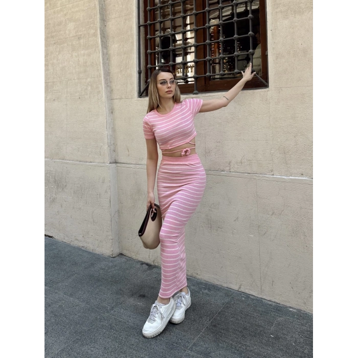 petite ateiler Çizgili etekli takım pembe s3609