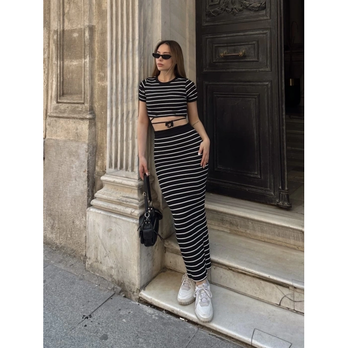 petite ateiler Çizgili etekli takım siyah s3609