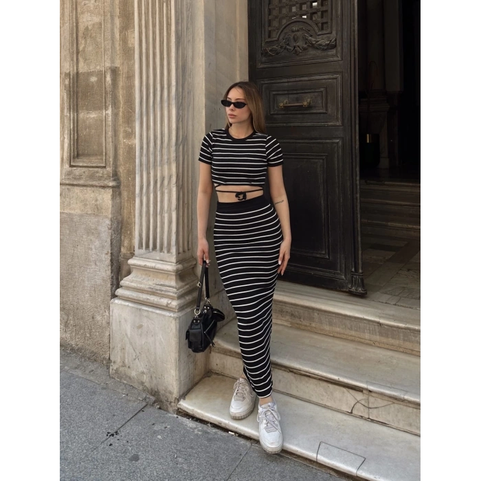 petite ateiler Çizgili etekli takım siyah s3609