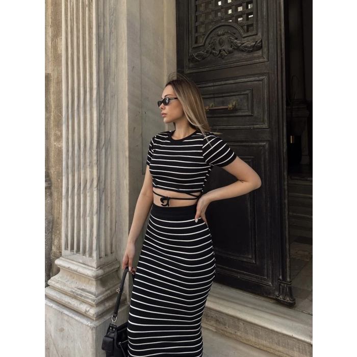 petite ateiler Çizgili etekli takım siyah s3609