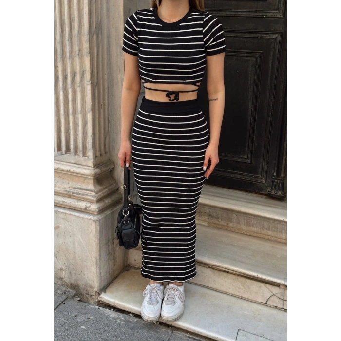 petite ateiler Çizgili etekli takım siyah s3609