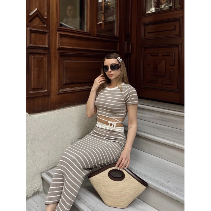 petite ateiler Çizgili etekli takım vizon s3609