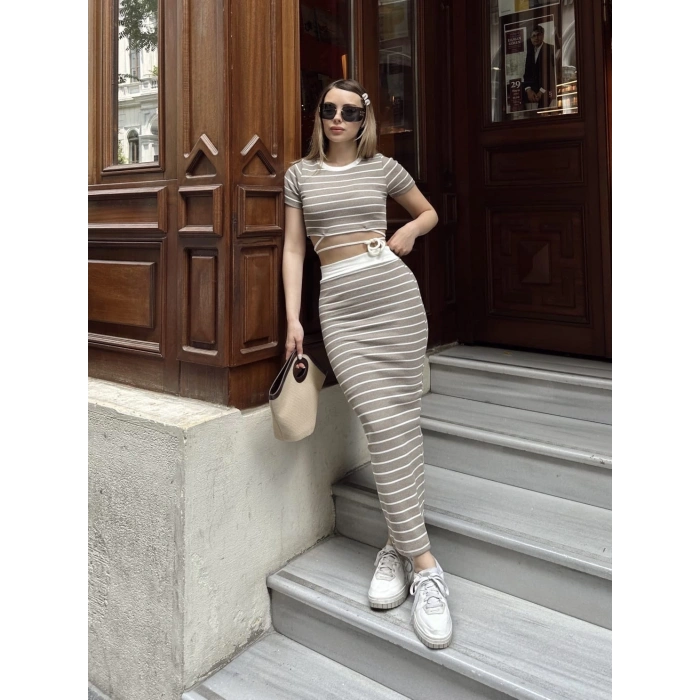 petite ateiler Çizgili etekli takım vizon s3609