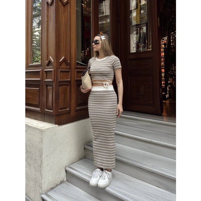 petite ateiler Çizgili etekli takım vizon s3609