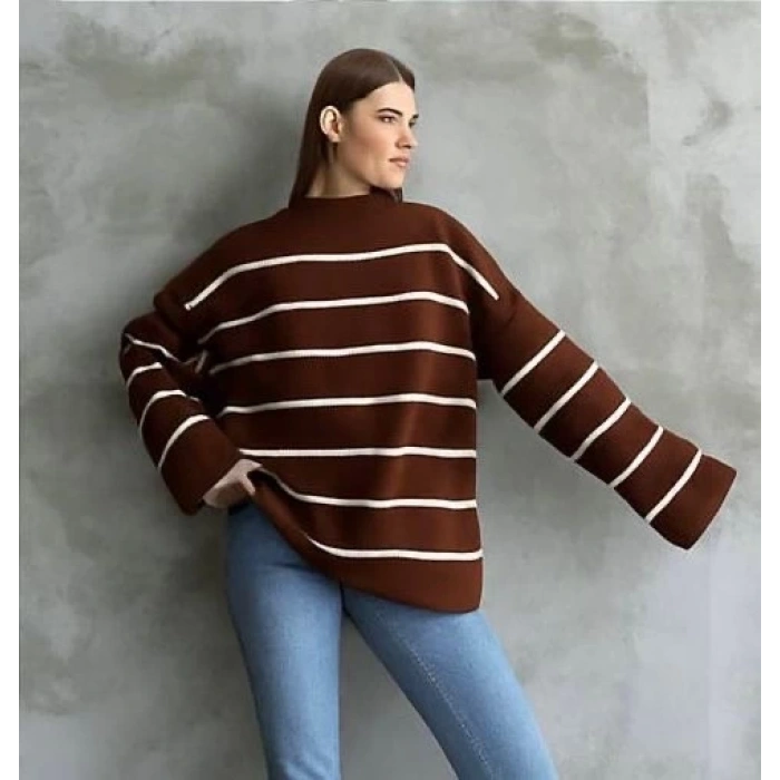 petite ateiler Çizgili ispanyol kol triko boğazlı kahve beyaz elf